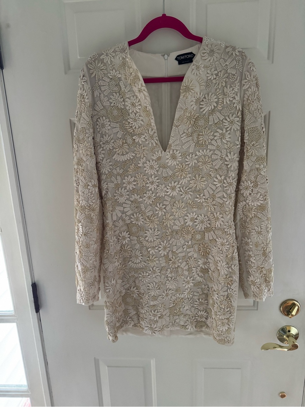 Tom Ford Ivory Floral Beaded V-Neck Mini Dress